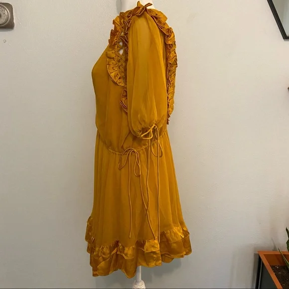 NWOT ASOS Design Mustard Yellow Mini V-Neck Ruffle Dress 12 - Picture 3 of 15
